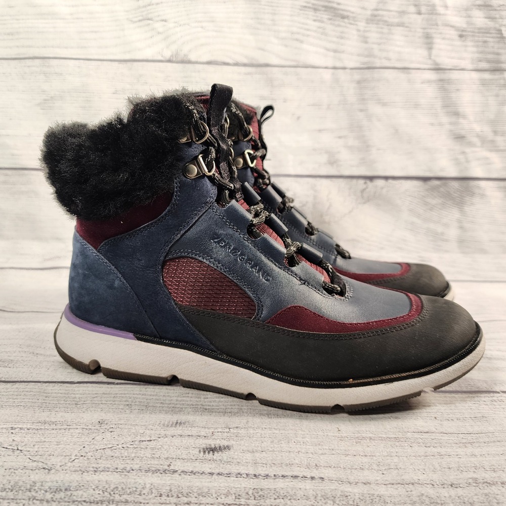 Cole Haan Zerogrand Women's 7B Hiker Boots Navy Burgundy Faux Fur W22877
